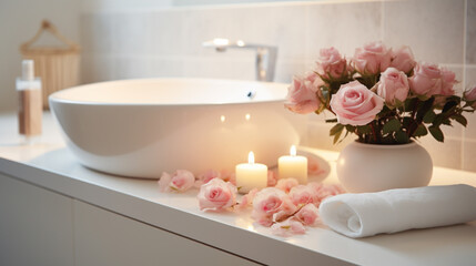 Fototapeta na wymiar Elegant white bathroom interior with modern vessel sink rose and candles Romantic zen Atmosphere Burning Scented Candles and rose