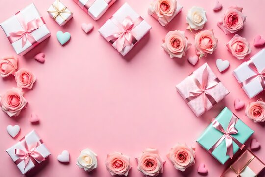 Top view photo of stylish gift boxes with ribbon bows white and pink roses small hearts and sprinkles on isolated pastel pink background with copyspace