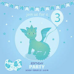 Cute baby boy dragon and dinosaur character, birthday invitation. 3 year. Vector illustration, eps 10