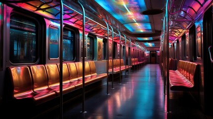Fototapeta premium a train with a lot of seats and lights on it. generative ai