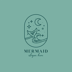 Hand Drawn Mermaid Tail Magic Flat Vector Boho Logo with Stars, Ocean Waves, Moon Elements. Aquamarine, Turquoise Colors Background. Design Illustration for Branding, Web, Print, Tattoo, Card, Banner.