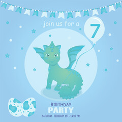 Cute baby boy dragon and dinosaur character, birthday invitation. 7 year. Vector illustration, eps 10 © Liliy
