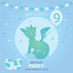 Cute baby boy dragon and dinosaur character, birthday invitation. 9 year. Vector illustration, eps 10