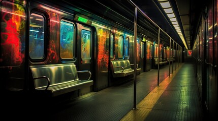 Fototapeta premium a subway train with its doors open and a bench in the middle. generative ai