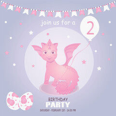 Cute baby girl dragon and dinosaur character, birthday invitation. 2 year. Vector illustration, eps 10