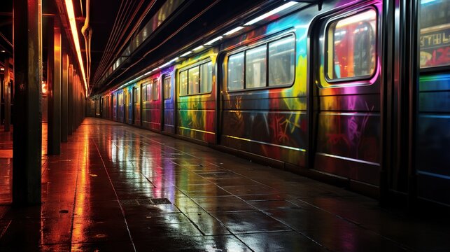  a subway train with colorful graffiti on the side of it.  generative ai