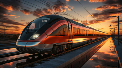 Sunset casts a warm glow on a high-speed passenger train as it speeds through a rural industrial landscape.. - obrazy, fototapety, plakaty