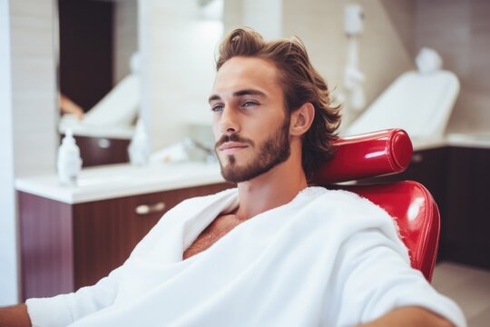A man is sitting in a chair with a towel on his head. This image can be used to depict relaxation, spa treatments, or personal grooming.