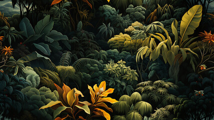 Obraz premium A seamless mural that transports you to a verdant jungle, teeming with trees and tropical plant life..