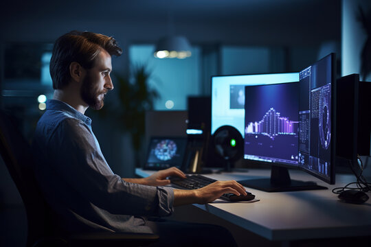 Smart male IT programer working on desktop computer in data center system control room.
