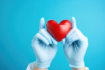 Hands in medical gloves holding a red heart shape model against blue background. Cardiology, organ donation or healthy heart concept.