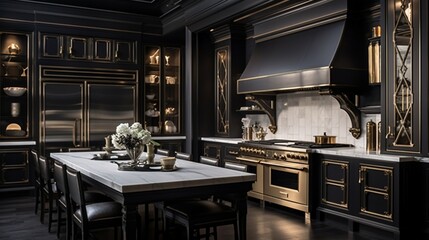 Embrace contrast in a high-contrast kitchen featuring black cabinetry and metallic finishes.