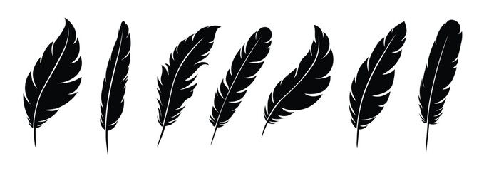 Set of Bird Feather. Feather black silhouettes. Сollection of pen icon. Vector illustration