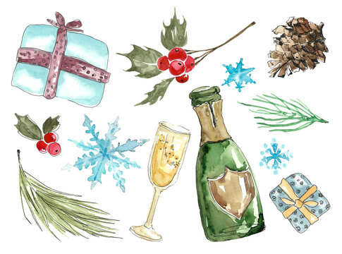 Festive set: a bottle of sparkling wine with a glass of champagne, holly branches with red berries, a gift in festive packaging, fir branches and cones. Hand drawn watercolor illustration 