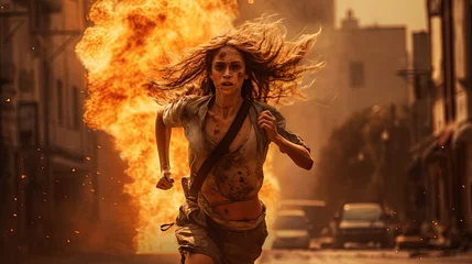 Action shot with woman on the run. Dynamic scene in action movie blockbuster style. © swillklitch