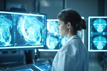 Side view of female medical radiologist doctor looking head and brain x-ray film before surgery in lab office at hospital. Healthcare and education.