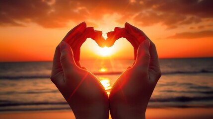 sunset in heart hands 