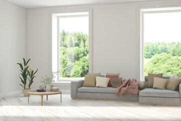 Bright interior design with modern furniture and summer landscape in window. 3D illustration