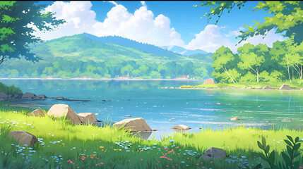 lake in the mountains phone background anime generative ai