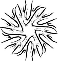 Black and white tattoo art, unique and aesthetic shape like tree root, abstract nature pattern.
