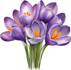 Fototapeta premium A close-up watercolor drawing of a bouquet of Crocus flowers. AI-Generated.
