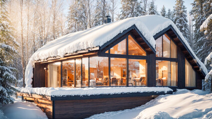 Fototapeta na wymiar Beautiful eco-friendly country snow-covered house