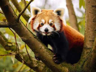 Naklejka premium A graceful red panda cautiously climbing a tall tree against a vibrant forest backdrop.