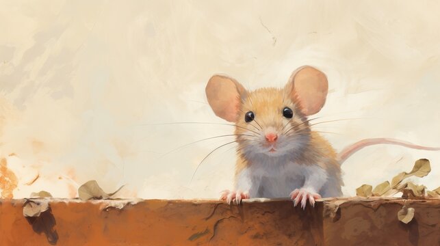  a painting of a mouse sitting on a ledge with leaves.  generative ai