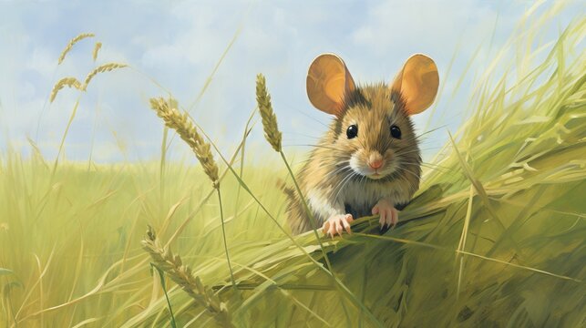  a painting of a mouse sitting in a field of grass.  generative ai