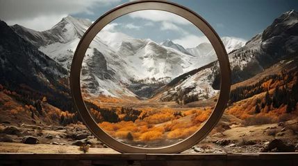Küchenrückwand glas motiv  a circular mirror reflecting a mountain landscape with orange trees in the foreground.  generative ai © Anna
