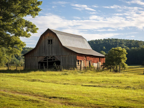 A vintage barn stands in a picturesque rural farm, showcasing rustic and nostalgic charm.