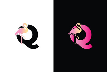 Initial Q Flamingo bird logo. Flamingo bird icon with letter Q Logo design vector template.