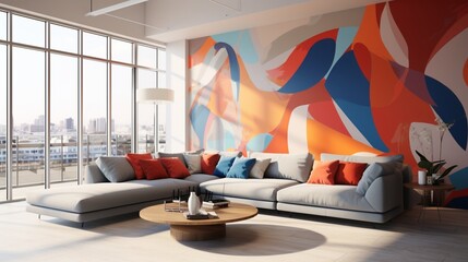 Entertain in a living room with an abstract mural and modular seating.