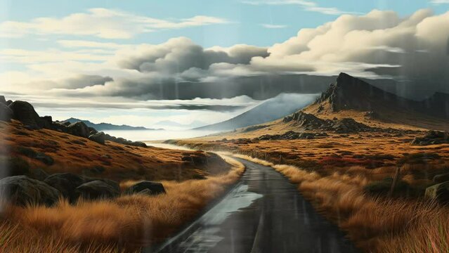 Straight asphalt country road under moody sky in summer. cartoon or anime illustration style video background