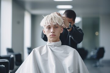 A picture of a man getting his hair cut in a salon. This image can be used to showcase salon services or to depict personal grooming and self-care.