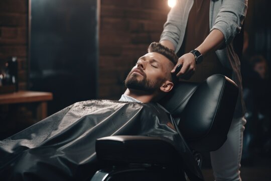 A picture of a man getting his hair cut at a barber shop. This image can be used to depict grooming, personal care, or a visit to a barber shop.