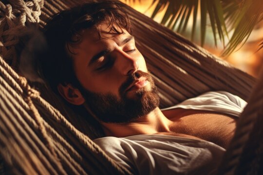 A man is pictured laying in a hammock with his eyes closed. This image can be used to depict relaxation, leisure, or a peaceful getaway.