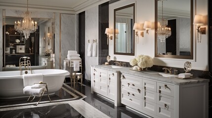 Experience opulence in a luxury bathroom with a marble-topped double vanity and crystal sconces, elevating your daily routine to a new level. - obrazy, fototapety, plakaty