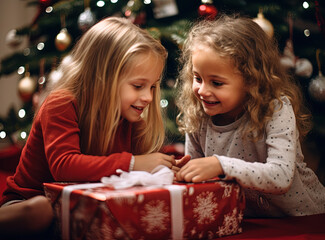 Fototapeta na wymiar Children unpacking Christmas gift. Kids opening presents during winter holidays.