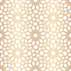Morocco gold seamless pattern. Repeating golden marocco grid. Arabic background. Repeated simple moroccan mosaic motive. Islamic texture. Design prints. Abstract arabesque patern. Vector illustration - obrazy, fototapety, plakaty