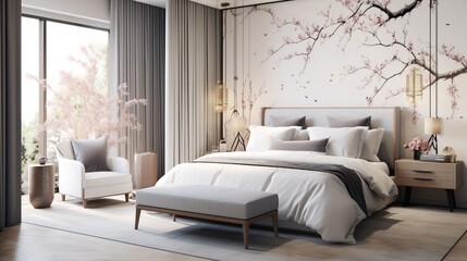 Experience the dreaminess of a bedroom with a wallpapered accent wall, setting the perfect backdrop for restful nights.