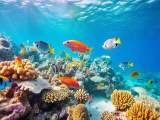 Naklejka na ściany i meble Vibrant tropical fish gracefully swimming amongst coral reef in the deep ocean's serene beauty.