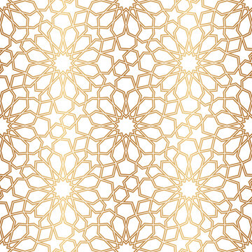 Morocco gold seamless pattern. Repeating golden marocco grid. Arabic background. Repeated simple moroccan mosaic motive. Islamic texture. Design prints. Abstract arabesque patern. Vector illustration