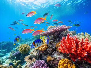 Vibrant tropical fish swim gracefully through a colorful and diverse coral reef ecosystem.
