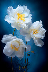 Beautiful white peony flowers on a blue background. Generative AI