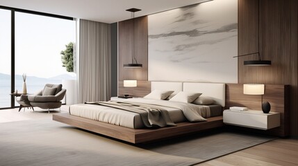 Experience the sophistication of a master suite with a platform bed and floating nightstands, a...