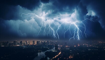 lightning striking a city - obrazy, fototapety, plakaty