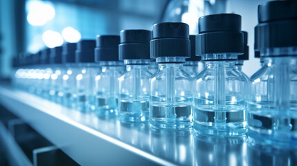 Medical vials on production line at pharmaceutical factory. Pharmaceutical machine working pharmaceutical glass bottles production line