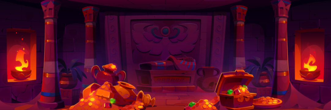 Night ancient egyptian pharaoh temple with sarcophagus background. Fire inside pyramid museum palace interior with ramses tomb, column and gold treasure. Flame light in underground room with god grave