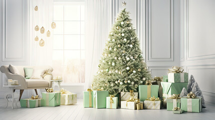 Christmas tree with gifts in the bright room in morning. Winter holidays in light interior.